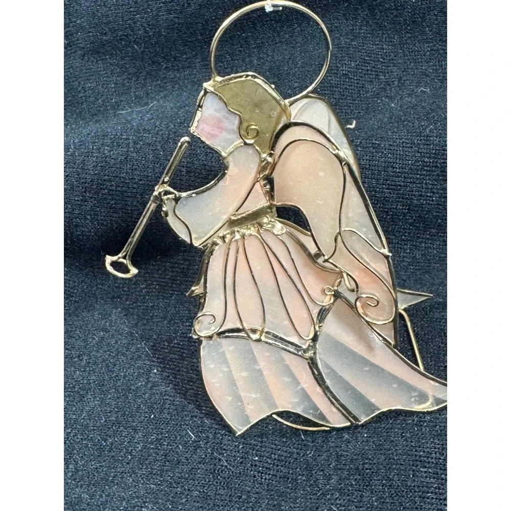 Vintage Iridescent Stained Glass Style Angel Trumpet Figurine Gold Wire Decor
